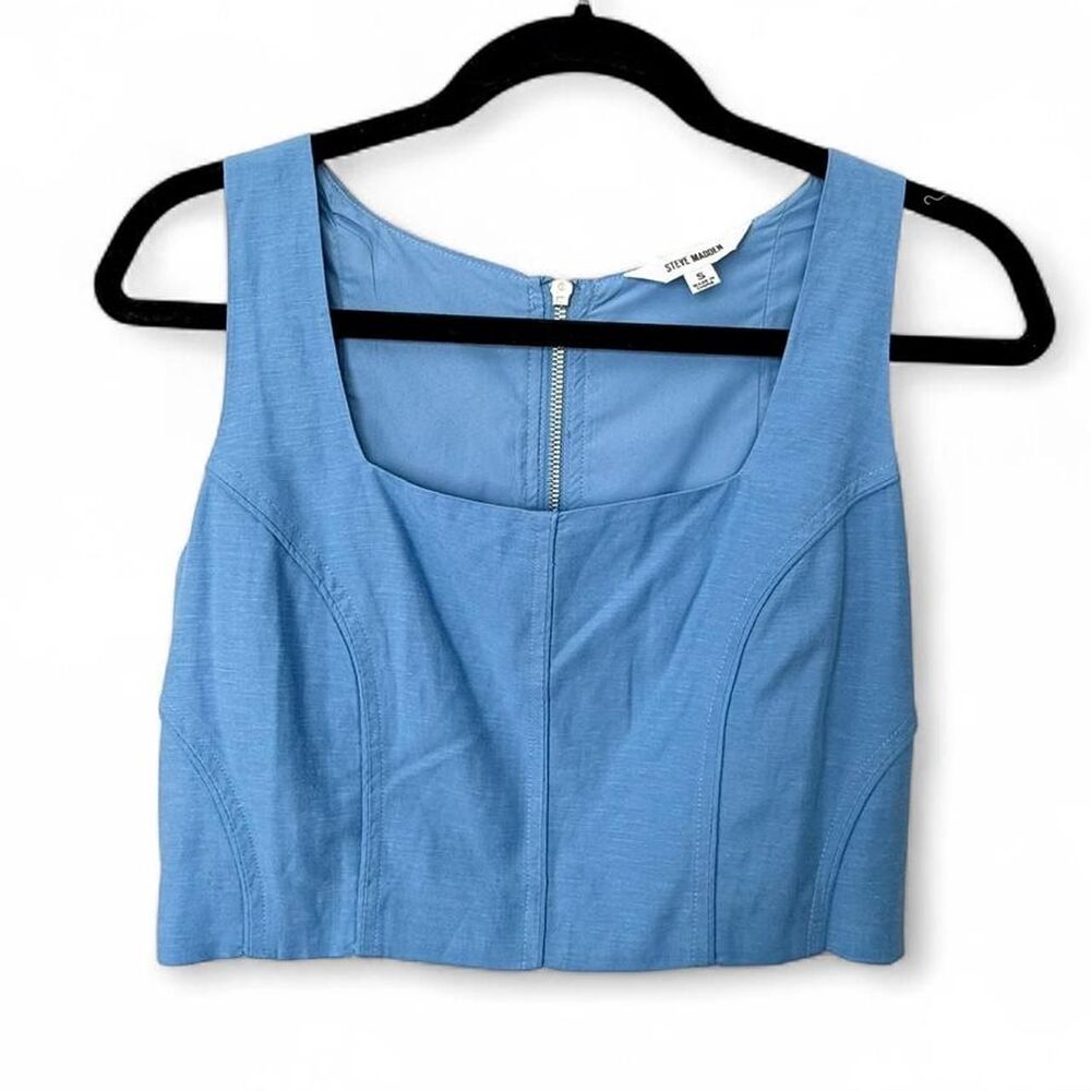 Steve Madden Linen Blend Corset Crop Top Boned Bustier Blue S - Picture 2 of 8